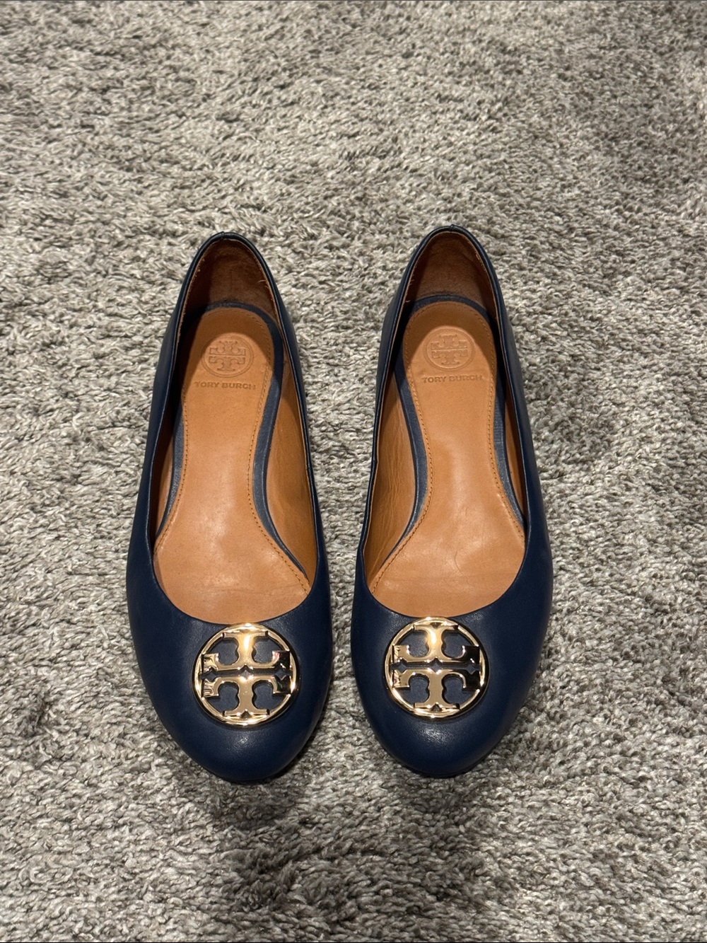 Tory Burch Navy Leather Ballet Flats with Gold Logo Accent